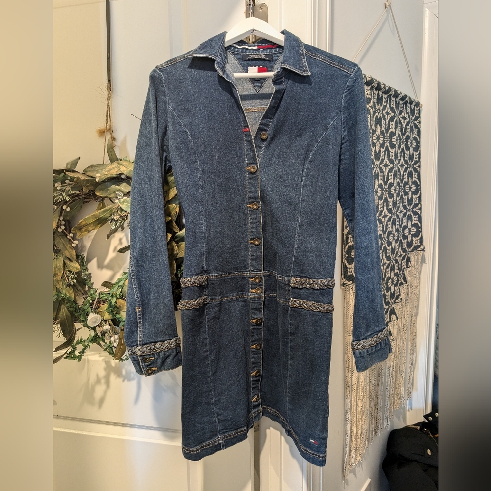 Unique Trendy Boho Denim Dress Tommy Hilfiger Medium Braided Accents